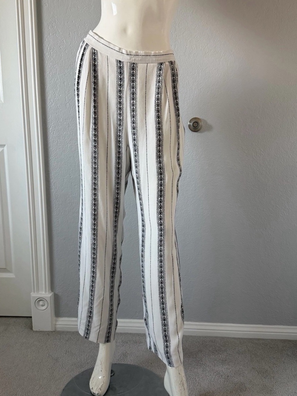 Fifteen Twenty Pants Womens Medium M Ivory Black Striped Boho Wide Leg USA Made